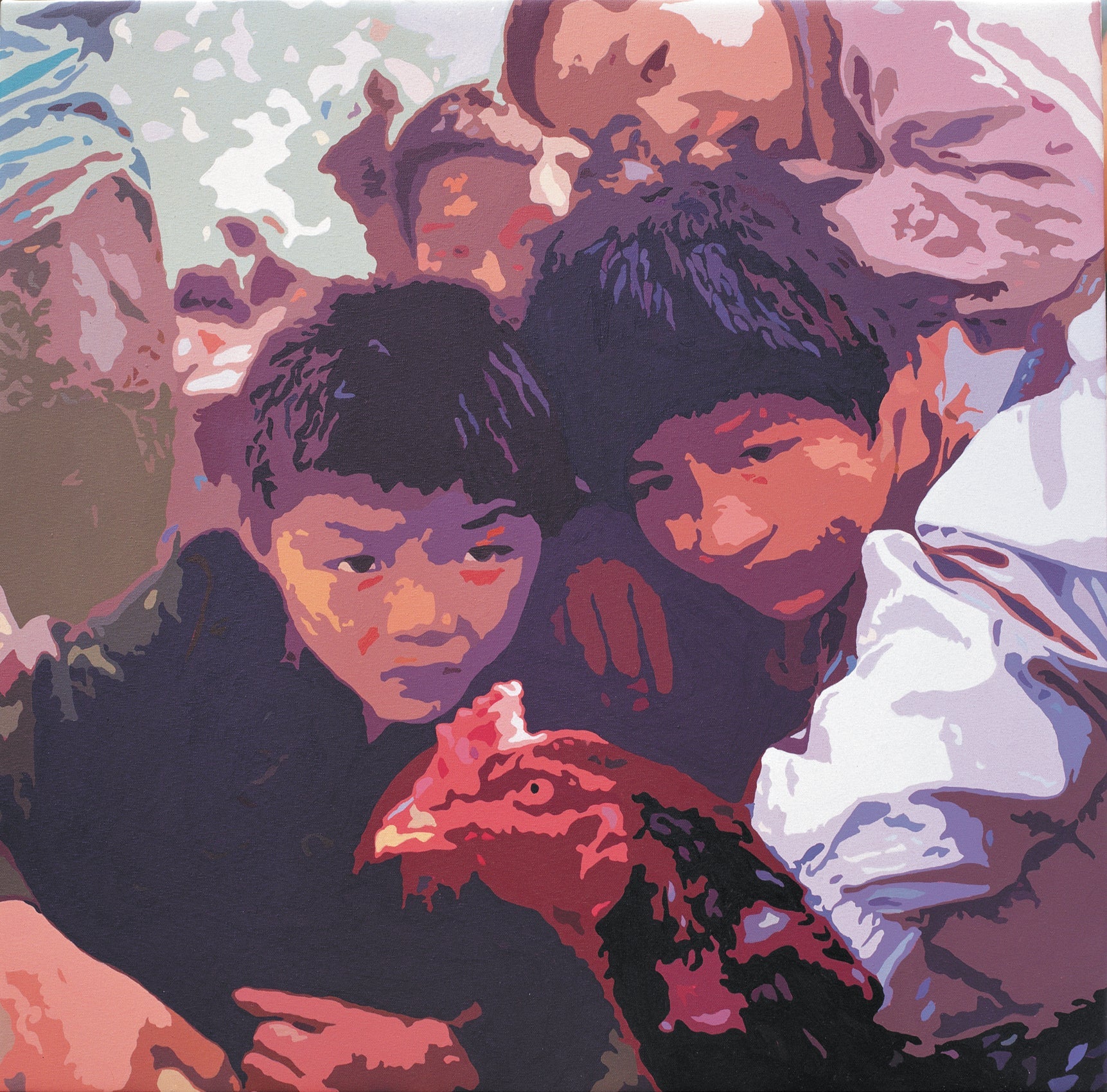 Artistic depiction of children with a chicken, stylized in a colorful manner.