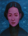 Digital art piece with a stylized face on a blue patterned background