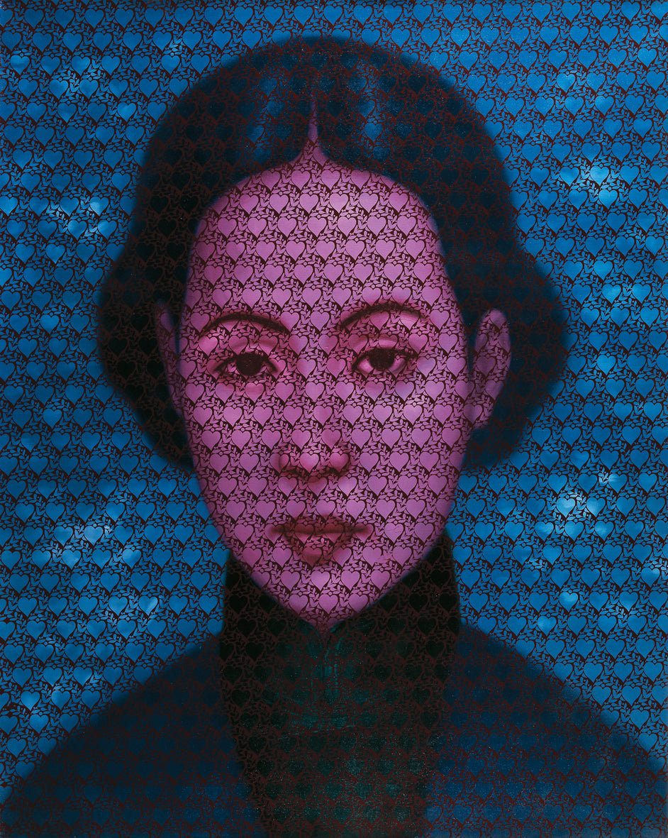Digital art piece with a stylized face on a blue patterned background