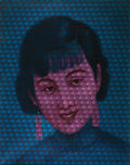 Digital art of a stylized portrait with geometric patterns on a blue background