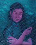 Artistic depiction of a person with a textured blue background