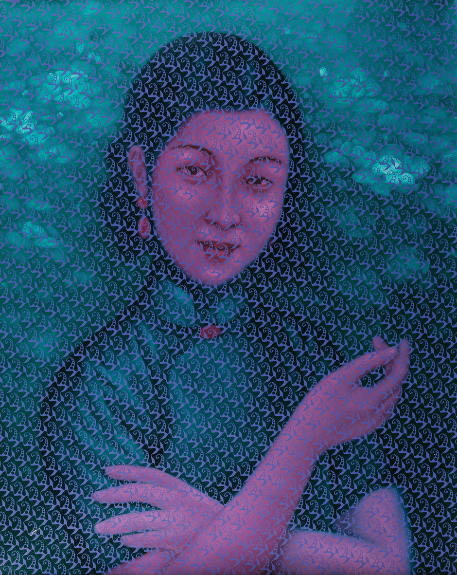 Artistic depiction of a person with a textured blue background