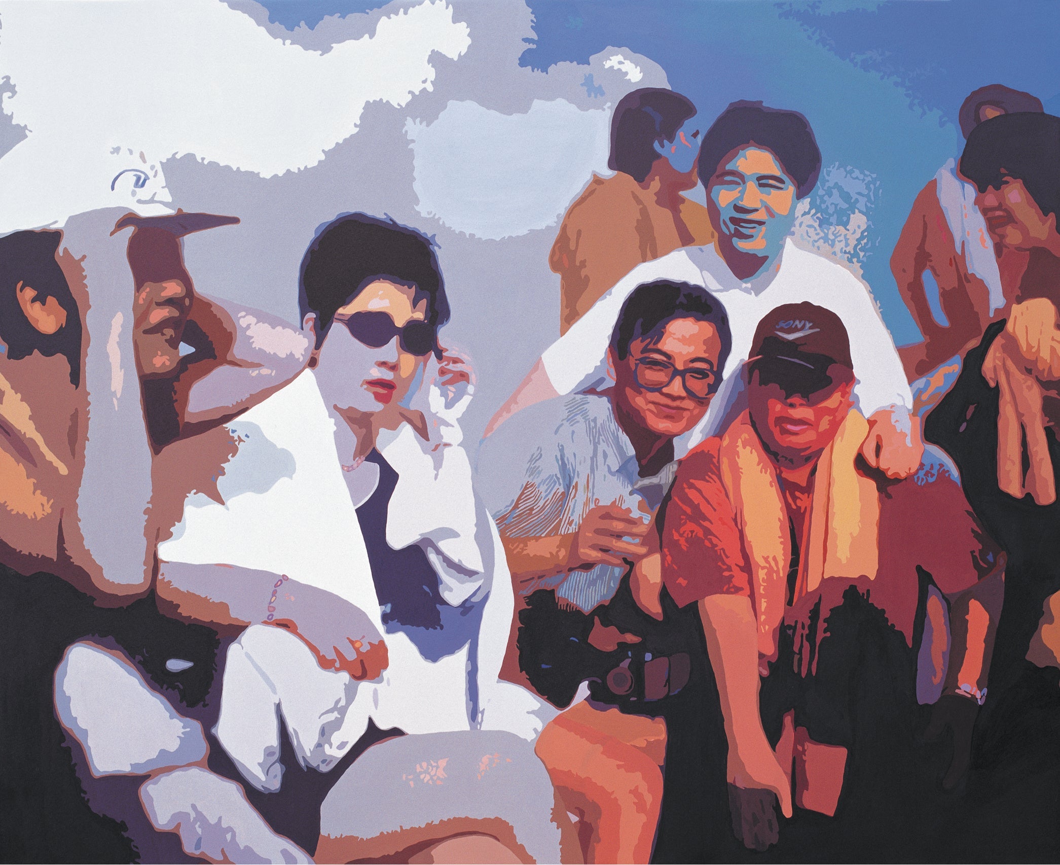 Acrylic artwork of a group of people sitting together with a stylized background